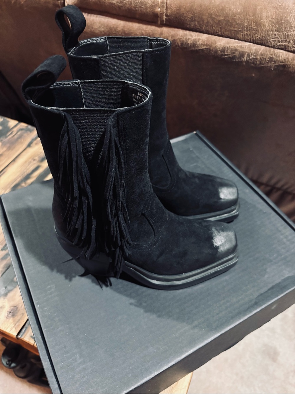 Dolls Kill Darker Wavs Black Suede Fringe Western Ankle Boots
